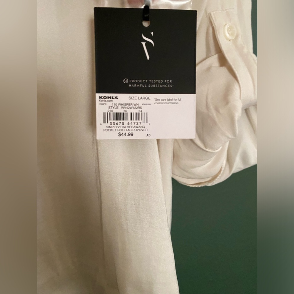 NWT- Simply Vera- roll tab popover blouse split neck (L) Vera Wang ivory white - Picture 8 of 12